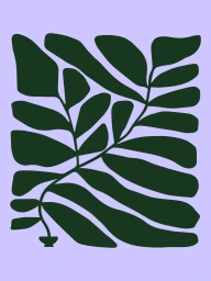 Abstract dark green botanical plant illustration set against a flat solid light purple background.