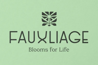 Fauxliage brand identity logo with dark botanical graphic and text Blooms for Life on textured green paper background