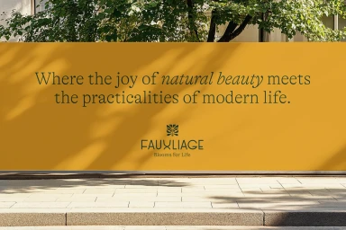 Fauxliage brand identity display on a mustard yellow wall with overlaid serif typography and a logo beneath foliage shadows.