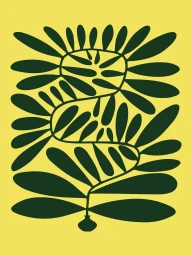 Digital illustration of dark green botanical leaf patterns on a solid yellow background by Design Dept for Fauxliage.