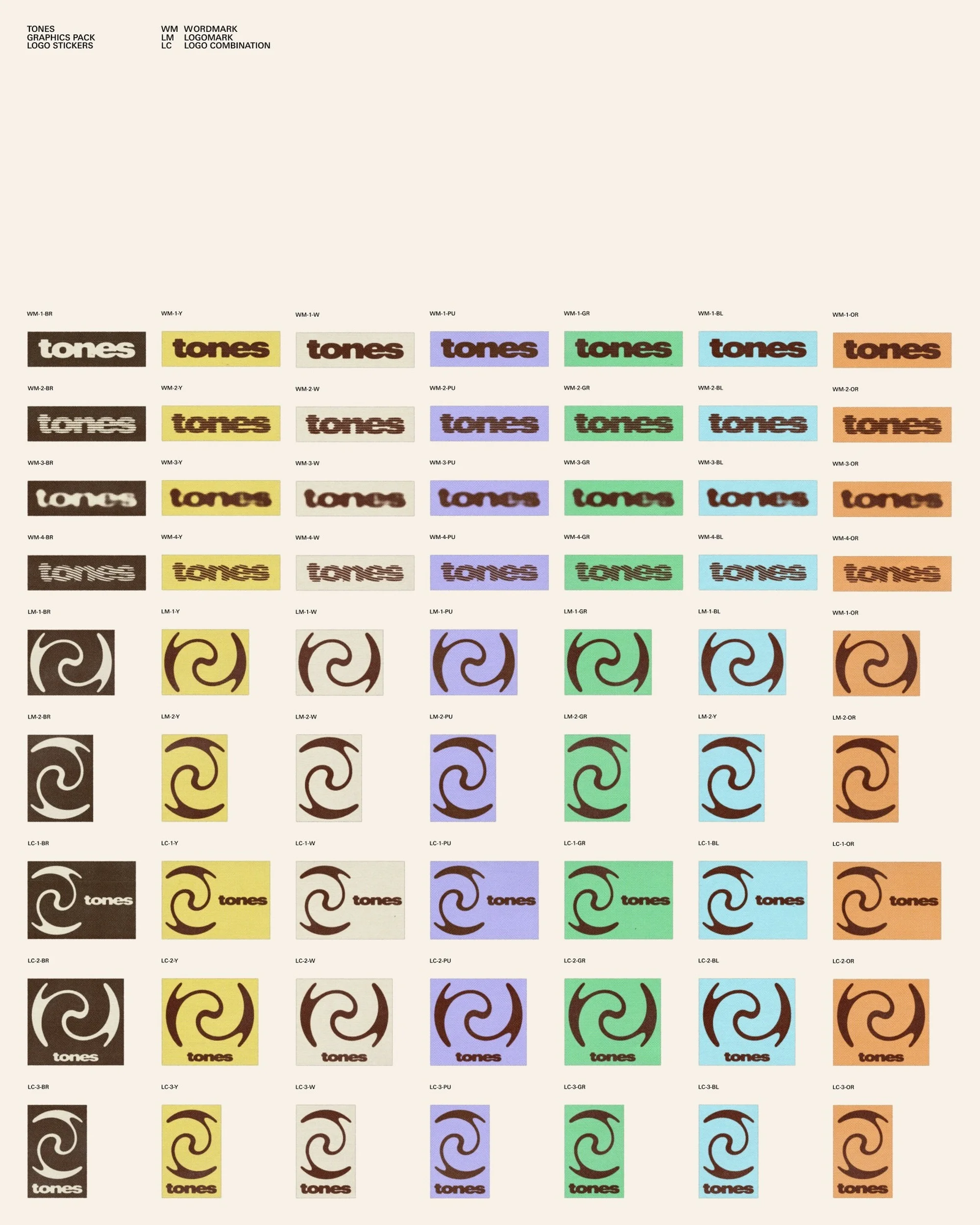 Graphic design poster showcasing the 'tones' wordmark and swirling logo in various color schemes on an off-white background.