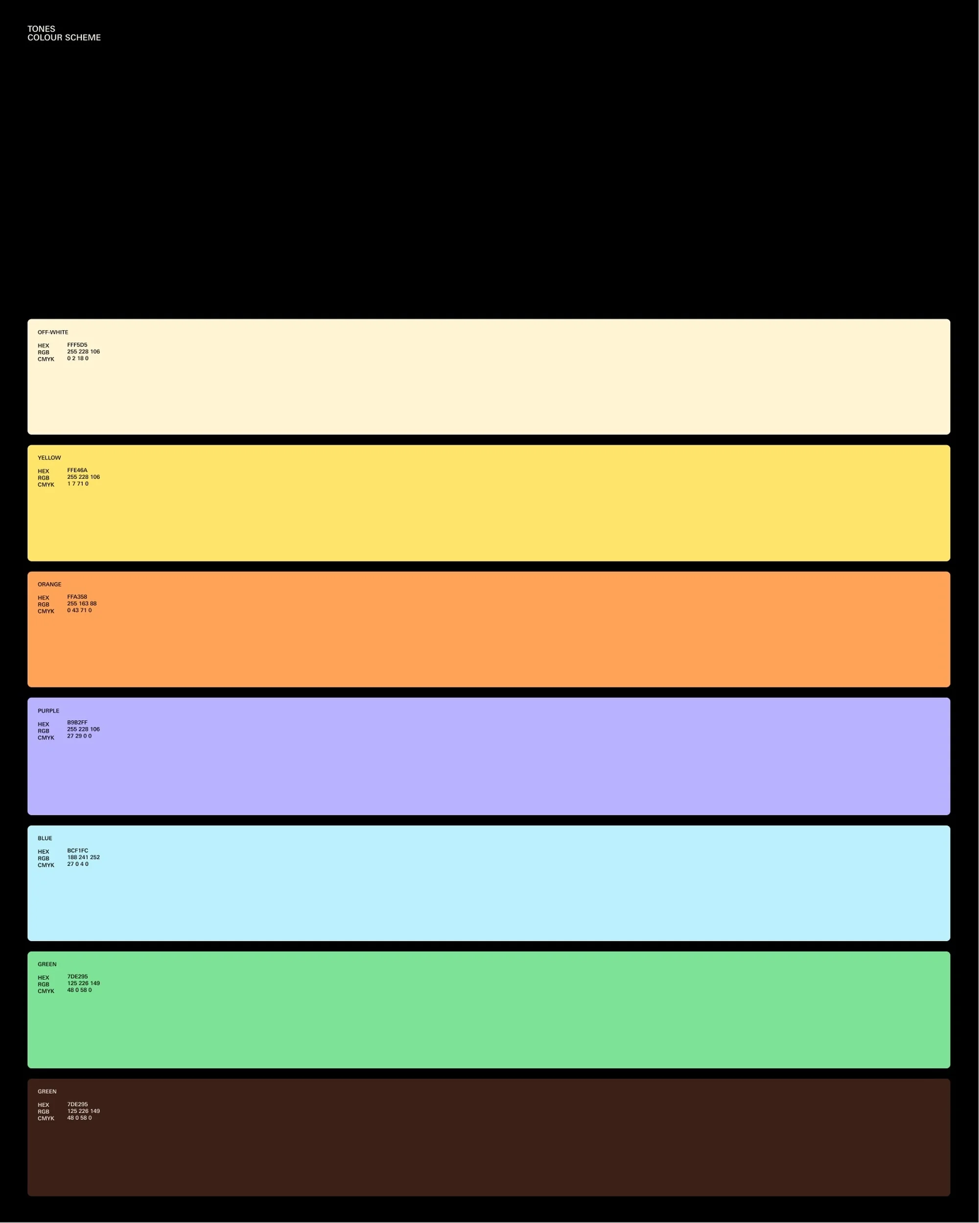 Color scheme chart with various shades of color arranged in rows, from light cream to dark brown, against a black background.