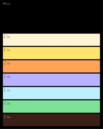 Color scheme chart with various shades of color arranged in rows, from light cream to dark brown, against a black background.