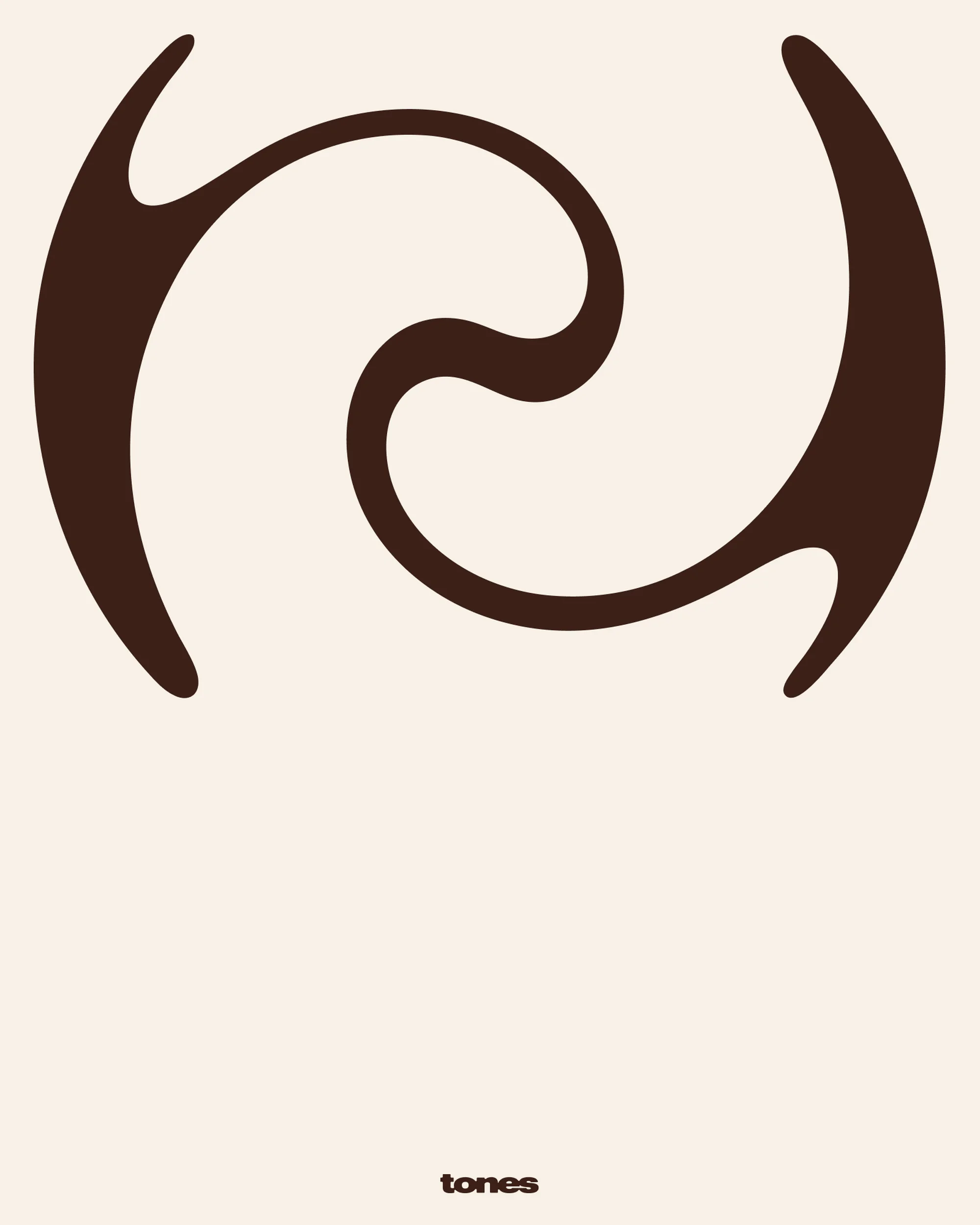 Abstract graphic design with swirling shapes in dark brown against a light beige background, featuring the word 'tones' at the bottom.