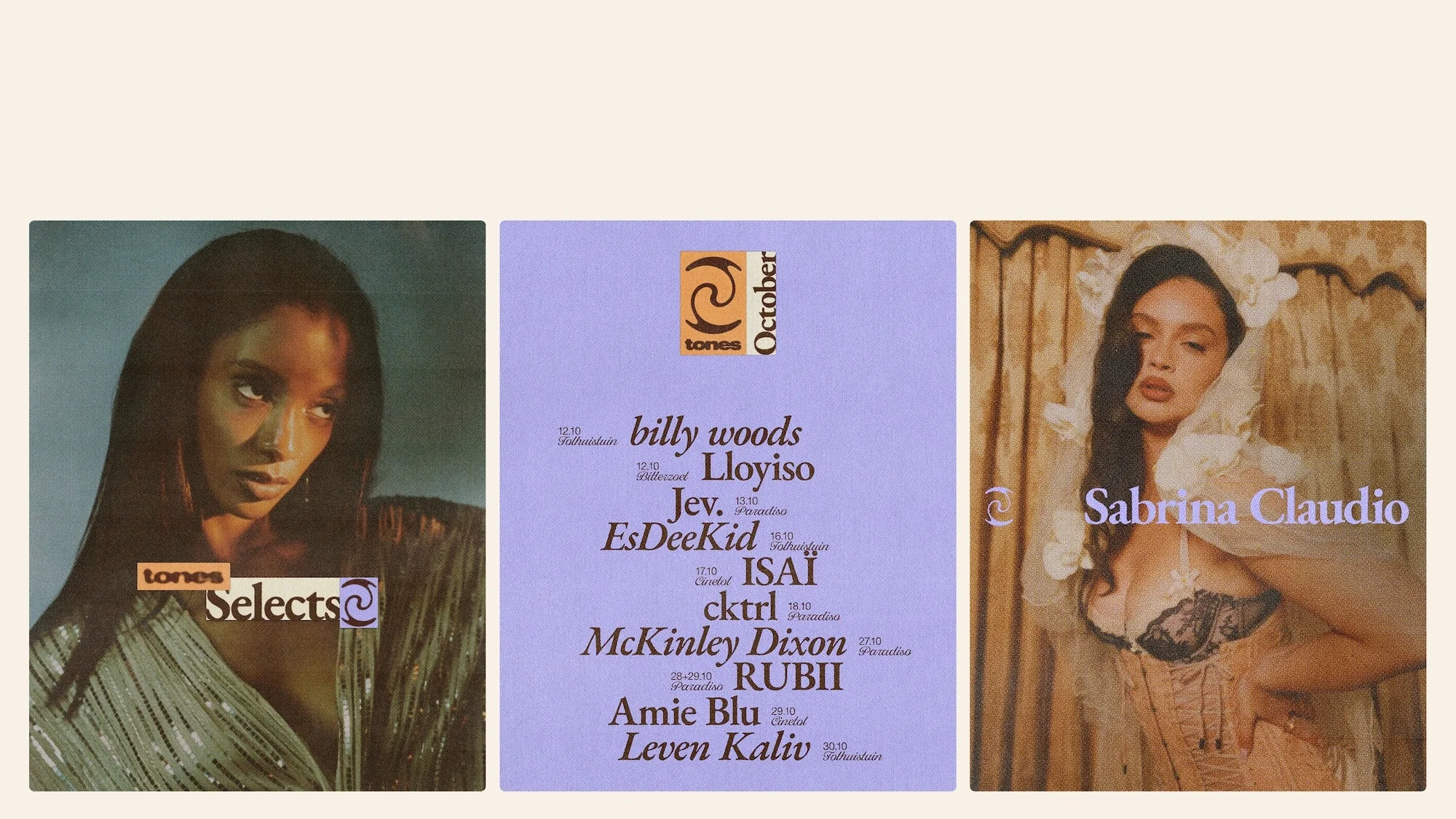 Three images displayed side-by-side featuring portraits of two women and a list of names for an event, advertising musical performances.