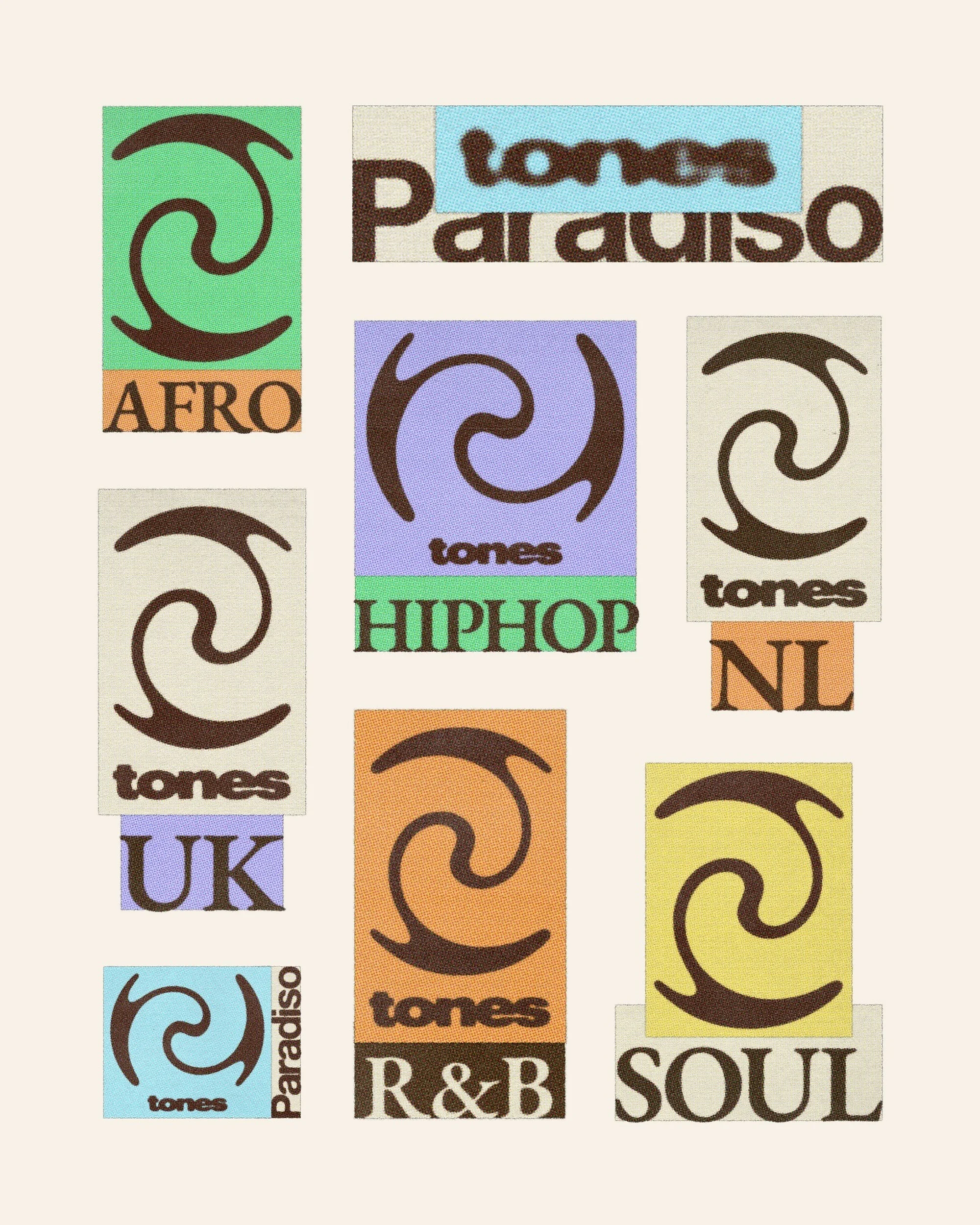 Colorful graphic art features text, including music genres like 'Afro,' 'Hip Hop,' 'R&B,' and 'Soul,' paired with abstract swirl symbols.