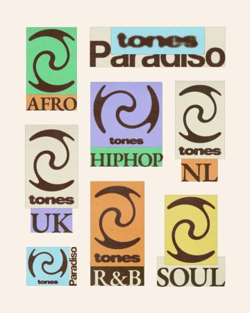 Colorful graphic art features text, including music genres like 'Afro,' 'Hip Hop,' 'R&B,' and 'Soul,' paired with abstract swirl symbols.