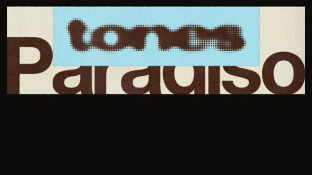 Graphic design brand identity featuring the words tones and paraiso in halftone print style against a dark background