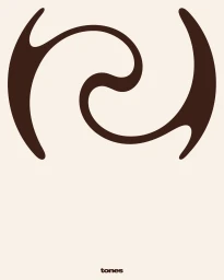 Minimalist graphic design brand identity logo with dark brown organic curved abstract shapes on cream background and text at bottom