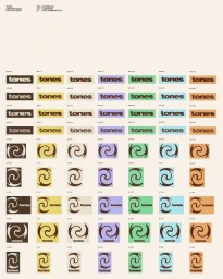 Grid of Tones brand identity graphics showcasing various logo combinations and color variations on cream background