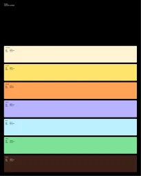 A colour palette guide featuring stacked rectangular swatches of cream, yellow, orange, lavender, light blue, green, and dark brown.