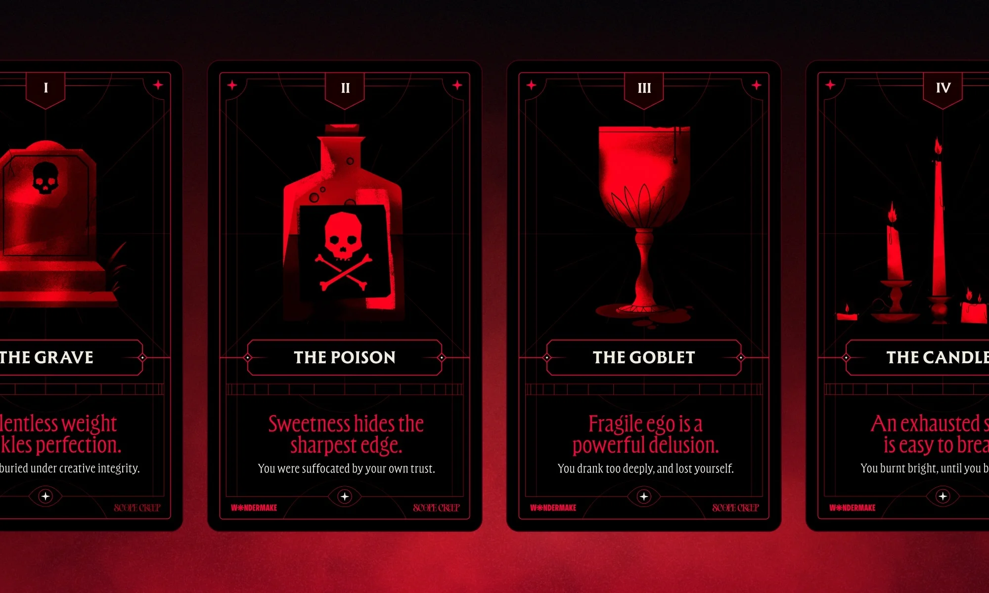 Dark fantasy image featuring playing cards displaying a tombstone, potion bottle, goblet, and lit candles, all set against a black background.