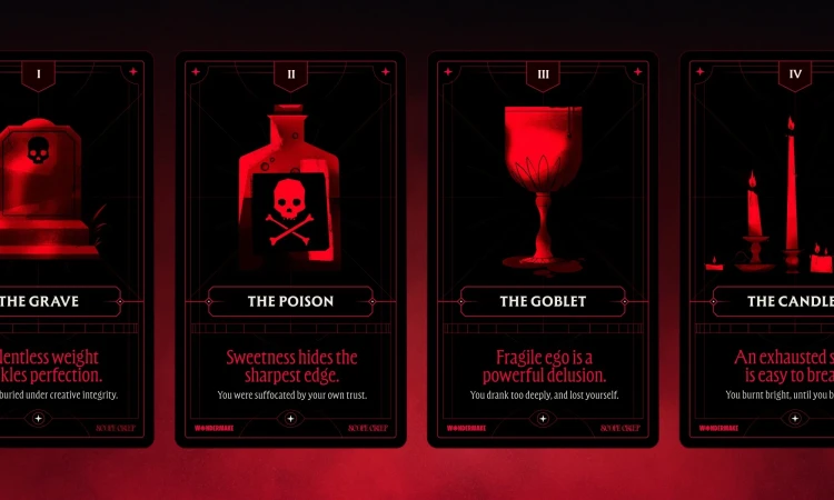 Dark fantasy image featuring playing cards displaying a tombstone, potion bottle, goblet, and lit candles, all set against a black background.