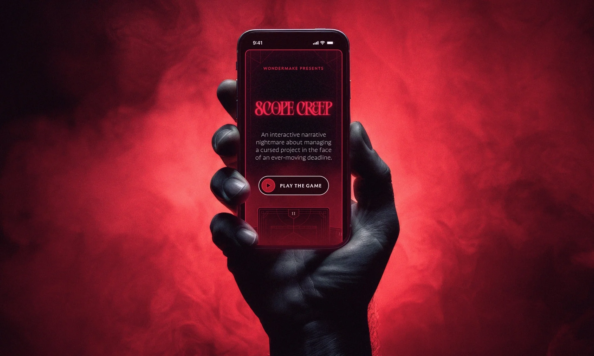 Hand holding smartphone displaying "Scope Creep" mobile game ad against a red, smokey background, advertising the mobile game.