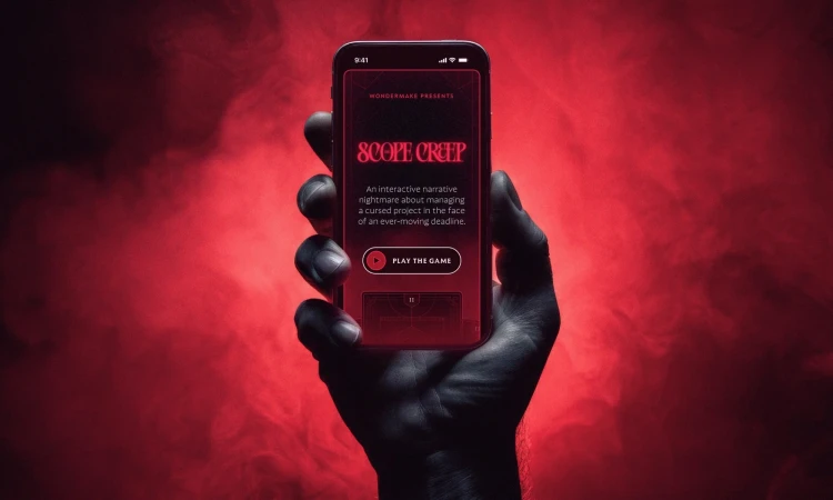 Hand holding smartphone displaying "Scope Creep" mobile game ad against a red, smokey background, advertising the mobile game.