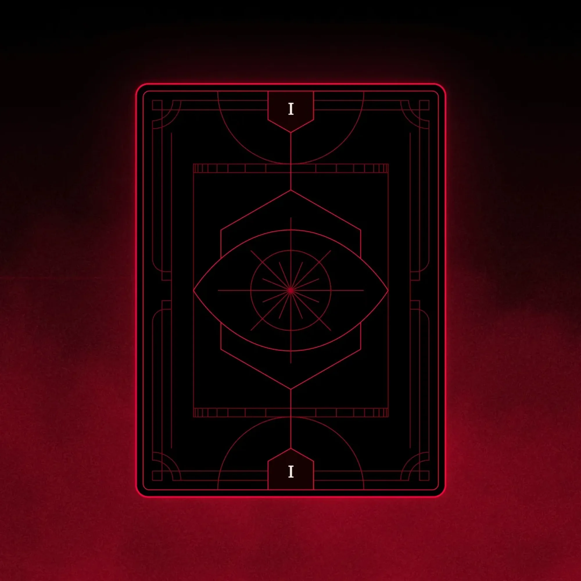 Black and red design of a tarot card back with an eye symbol and the number one in Roman numerals, suitable for gaming content.