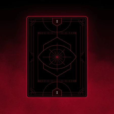 Black and red design of a tarot card back with an eye symbol and the number one in Roman numerals, suitable for gaming content.