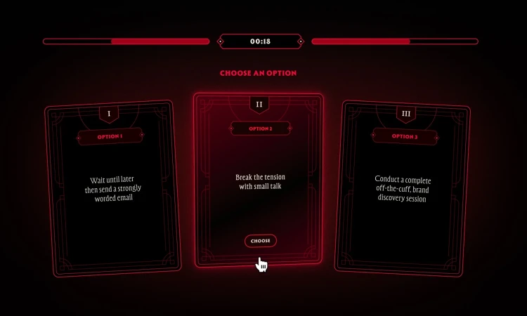Three options are presented on cards in a dark room with red lighting, offering choices of how to respond to a situation.