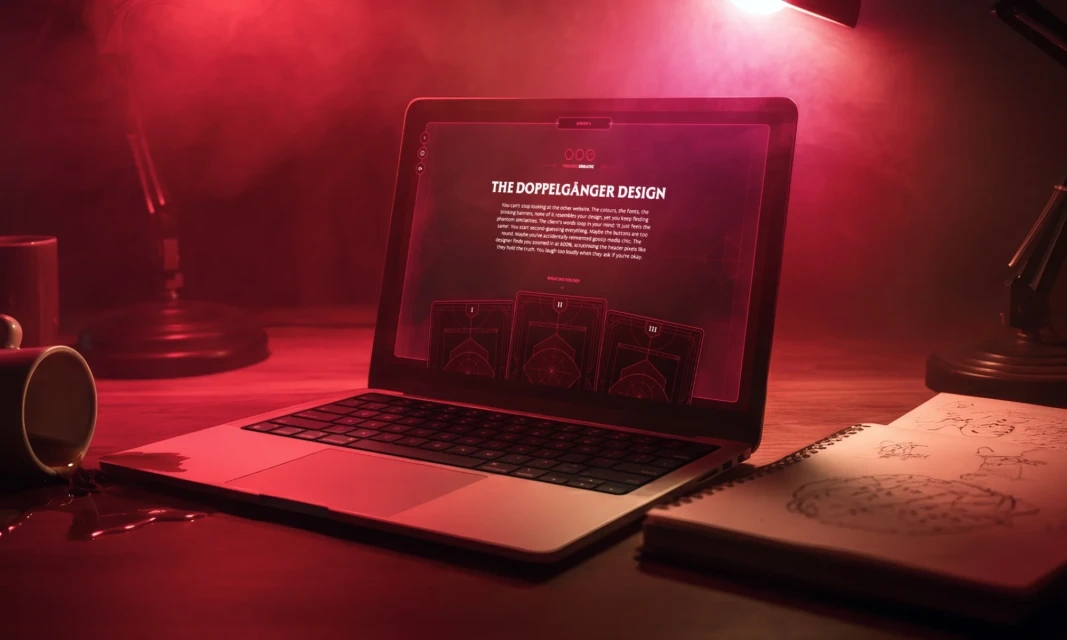 Laptop displaying a website design with spilled coffee next to a notebook and lamps, all bathed in a vivid red and pink glow.