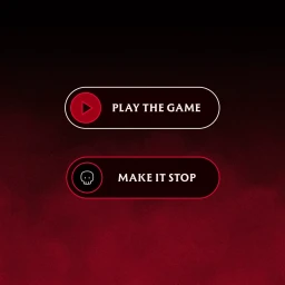 Two pill-shaped button UI elements reading PLAY THE GAME and MAKE IT STOP against a dark red gradient background.