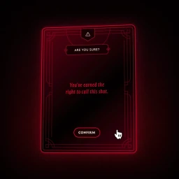 Red neon UI interface card featuring warning icon, confirmation text, and mouse cursor on black background