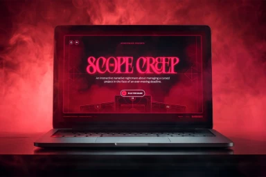Laptop displaying a red gaming interface against a smoky, crimson-lit background for Wondermake brand identity