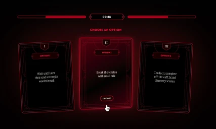 Interactive game UI with three choice cards and a timer against a dark red background.