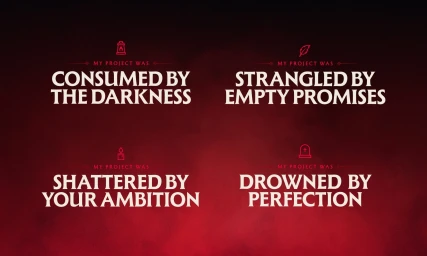 Four bold typographic statements featuring the phrase MY PROJECT WAS arranged in a two-by-two grid over a deep red background