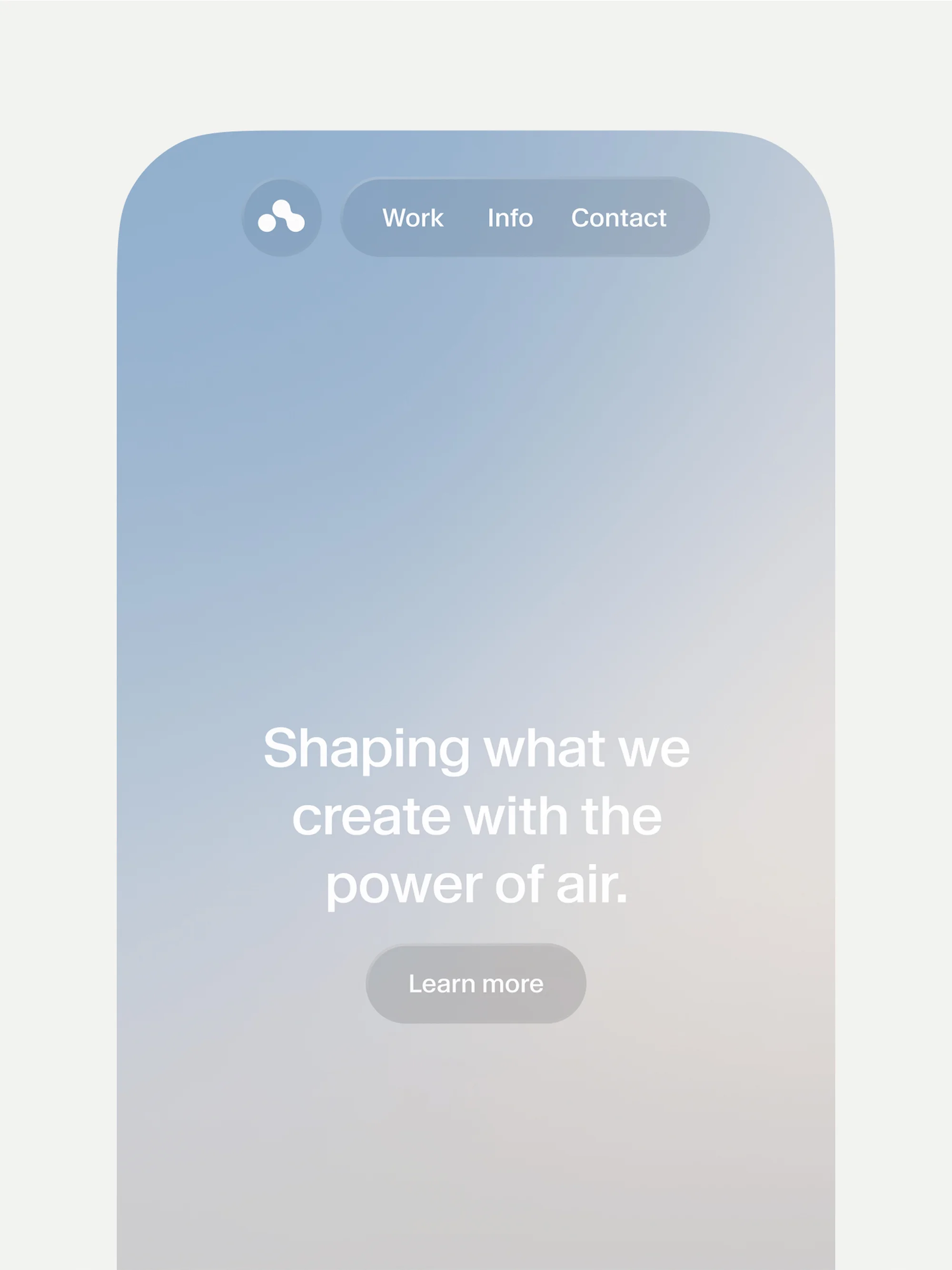 Website design with a blurred sky background, navigation bar with 'Work', 'Info', and 'Contact' options, and a 'Learn more' button.