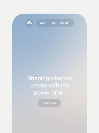 Website design with a blurred sky background, navigation bar with 'Work', 'Info', and 'Contact' options, and a 'Learn more' button.