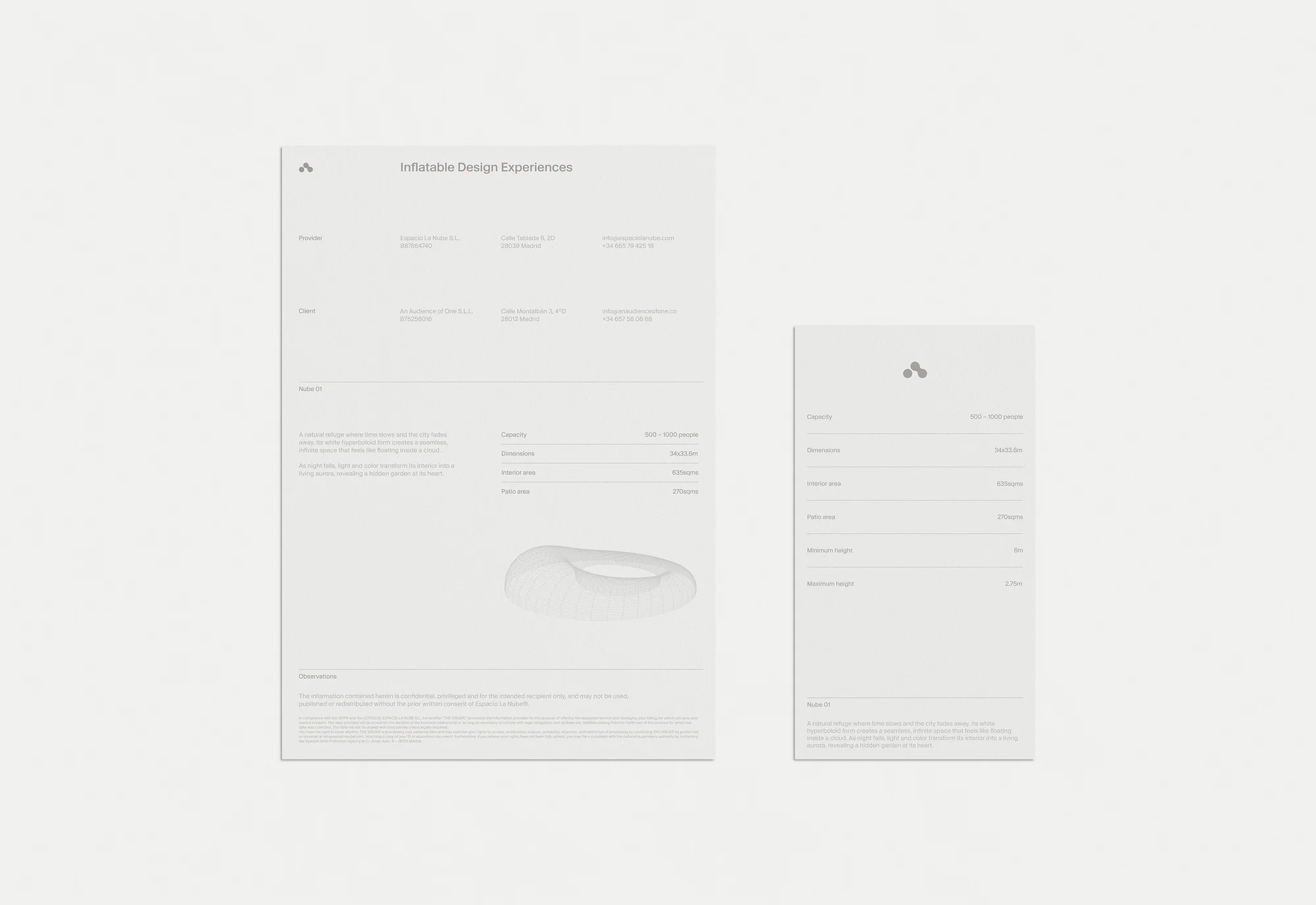 Two sheets of white paper feature 'Inflatable Design Experiences' project details, including capacity, dimensions, and technical specs.