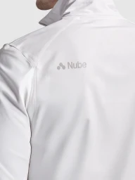 Close-up rear view of a white athletic jacket with the Nube brand logo printed on the right shoulder against a plain background.