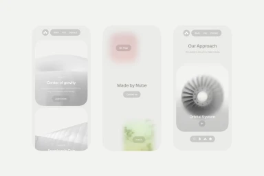 Three mobile app screen mockups featuring minimalist UI design, soft rounded containers, and pale monochrome aesthetic for Nube brand identity.