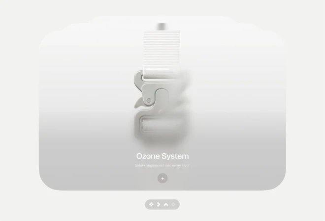 Close-up of a metallic buckle attached to a white strap on a smooth gradient background for the Nube brand identity project.