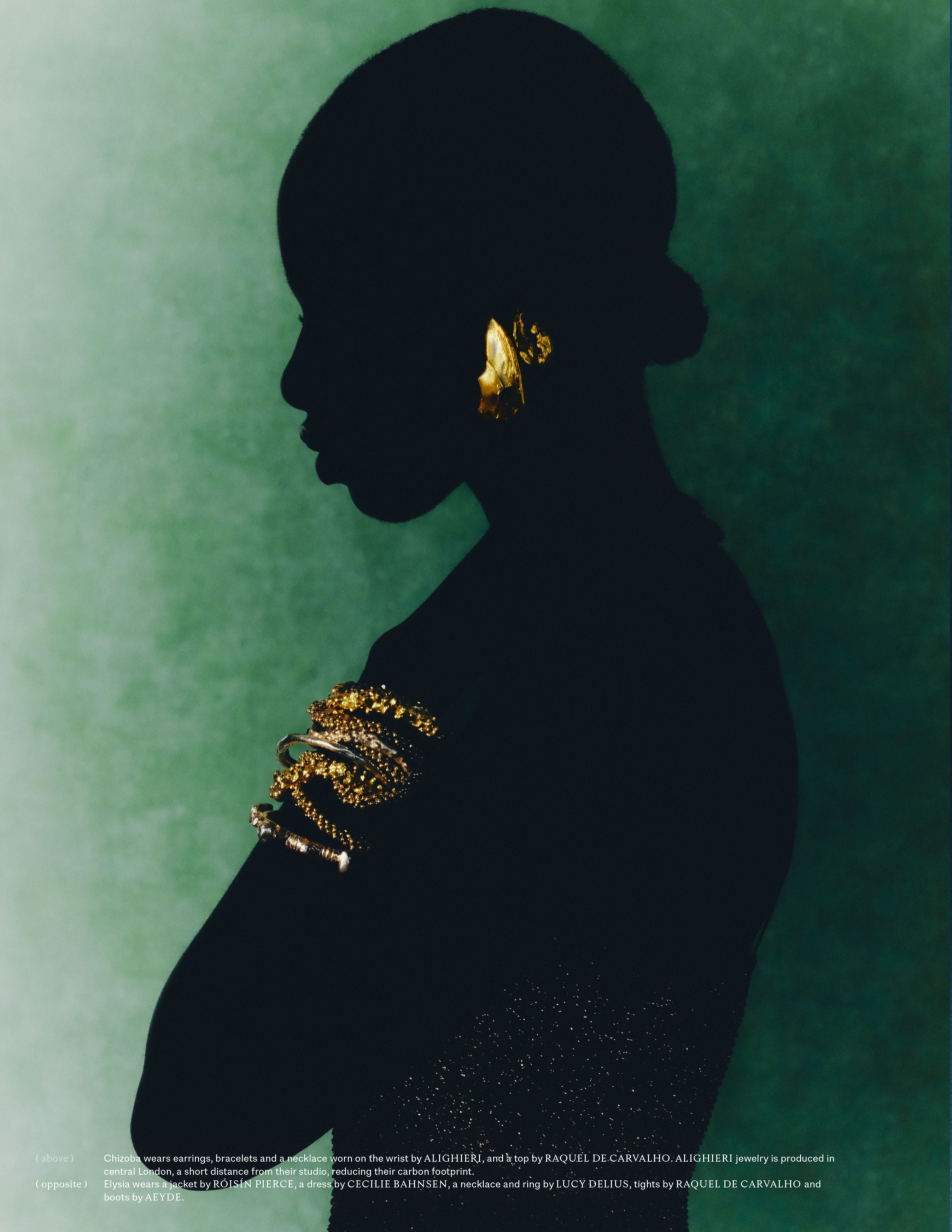 Silhouette of an adult female model in profile wearing gold jewelry, including earrings and bracelets, set against a green background.