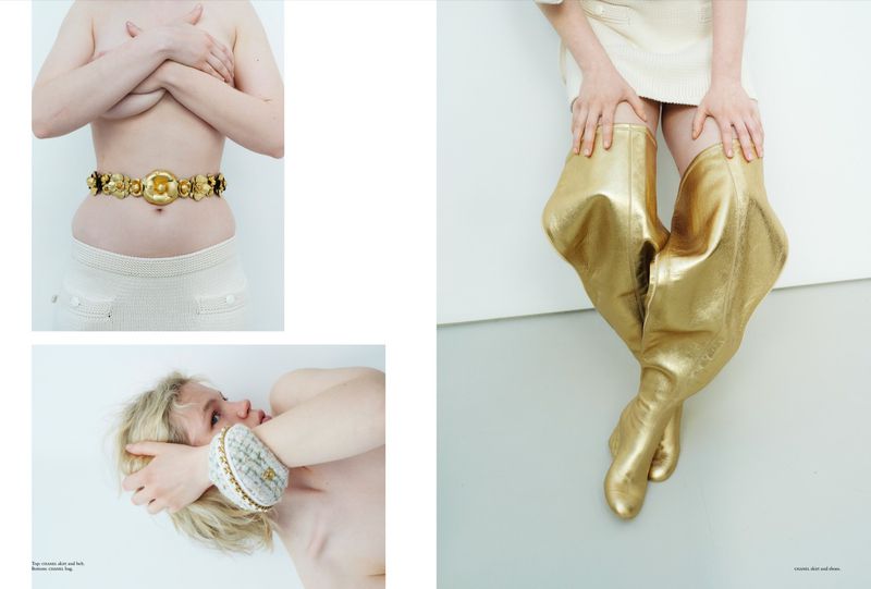 Fashion editorial shot featuring a woman with blonde hair and golden boots, showcasing a modern and artistic style against a minimalist background.