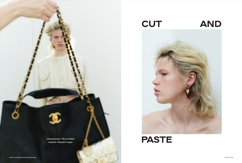 Fashion editorial featuring a young adult woman with blonde hair, a Chanel handbag, and wearing a beige cardigan and pearl necklace.