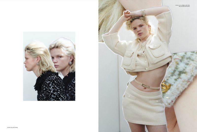 Collage of a blond fashion model wearing a cream-colored skirt suit and pearl belt against a white background and in profile.