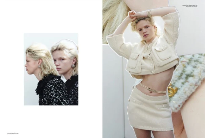 Collage of a blond fashion model wearing a cream-colored skirt suit and pearl belt against a white background and in profile.