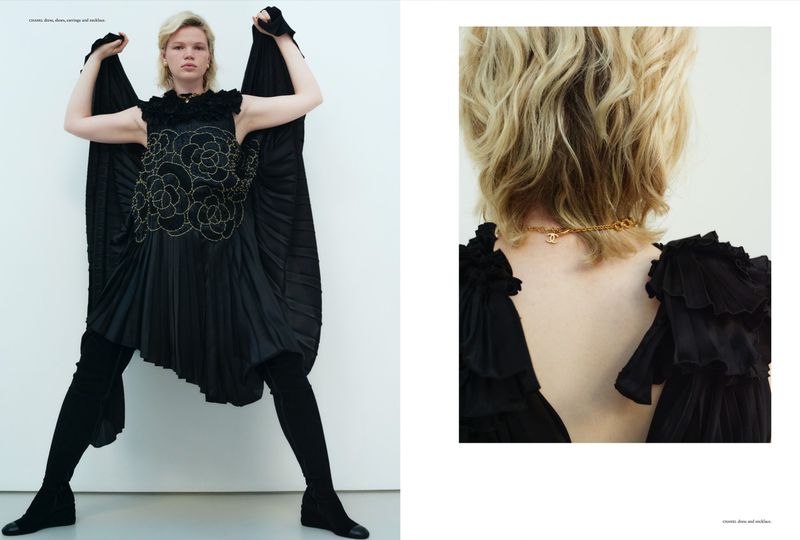 A young, fair-skinned model in a black dress poses against a white background. Another shot shows back details and a gold necklace.