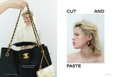 Model holding large black quilted handbag with gold chain strap in editorial fashion spread for Russh