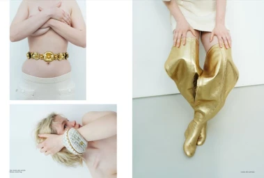 Collage of fashion editorial images featuring gold accessories, tall metallic boots, and knitwear on a white background