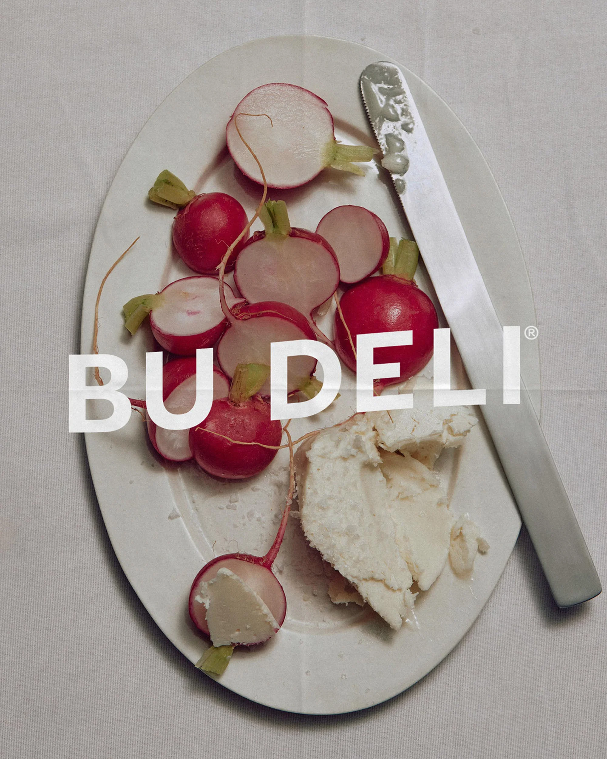 Overhead shot of white plate with fresh radishes, white cheese, and butter knife, creating a visually appealing food still life.
