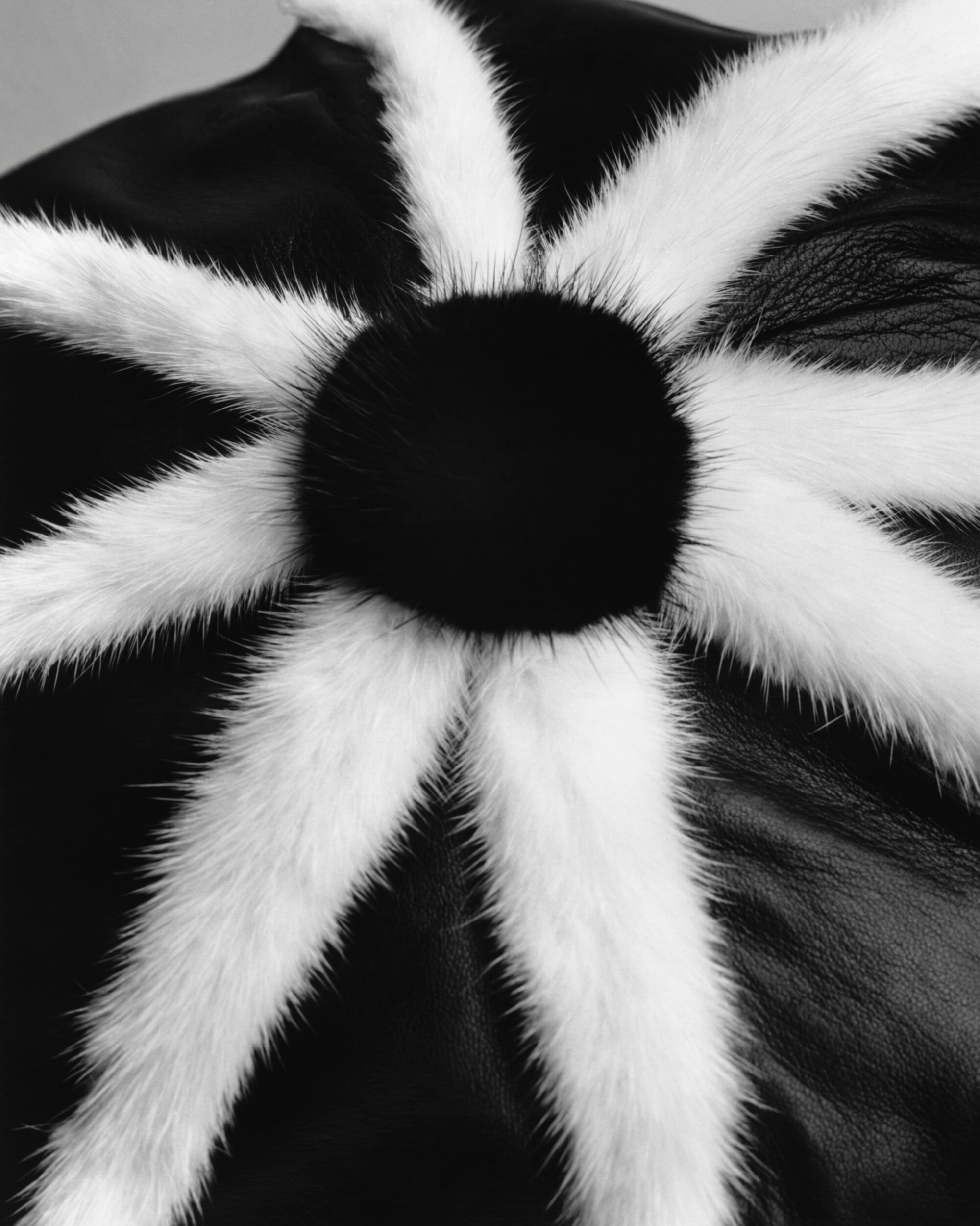 Close-up of a black and white textile featuring a black circular center with white radiating designs on a black background with texture details.