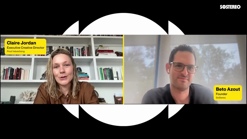 Split-screen video call featuring Claire Jordan, Executive Creative Director at Proof Advertising, and Beto Azout, Founder of SoStereo, indoors.