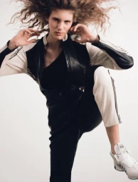 Model Rosalieke Fuchs with wild hair wearing a black and white track jacket against a plain white background for Document Journal.