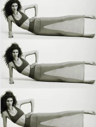 Model Rosalieke Fuchs in a matching top and sheer skirt posing horizontally in a studio shot for Document Journal.