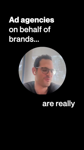 Man with glasses in a video call against a black backdrop with white text overlays: Ad agencies on behalf of brands are really.