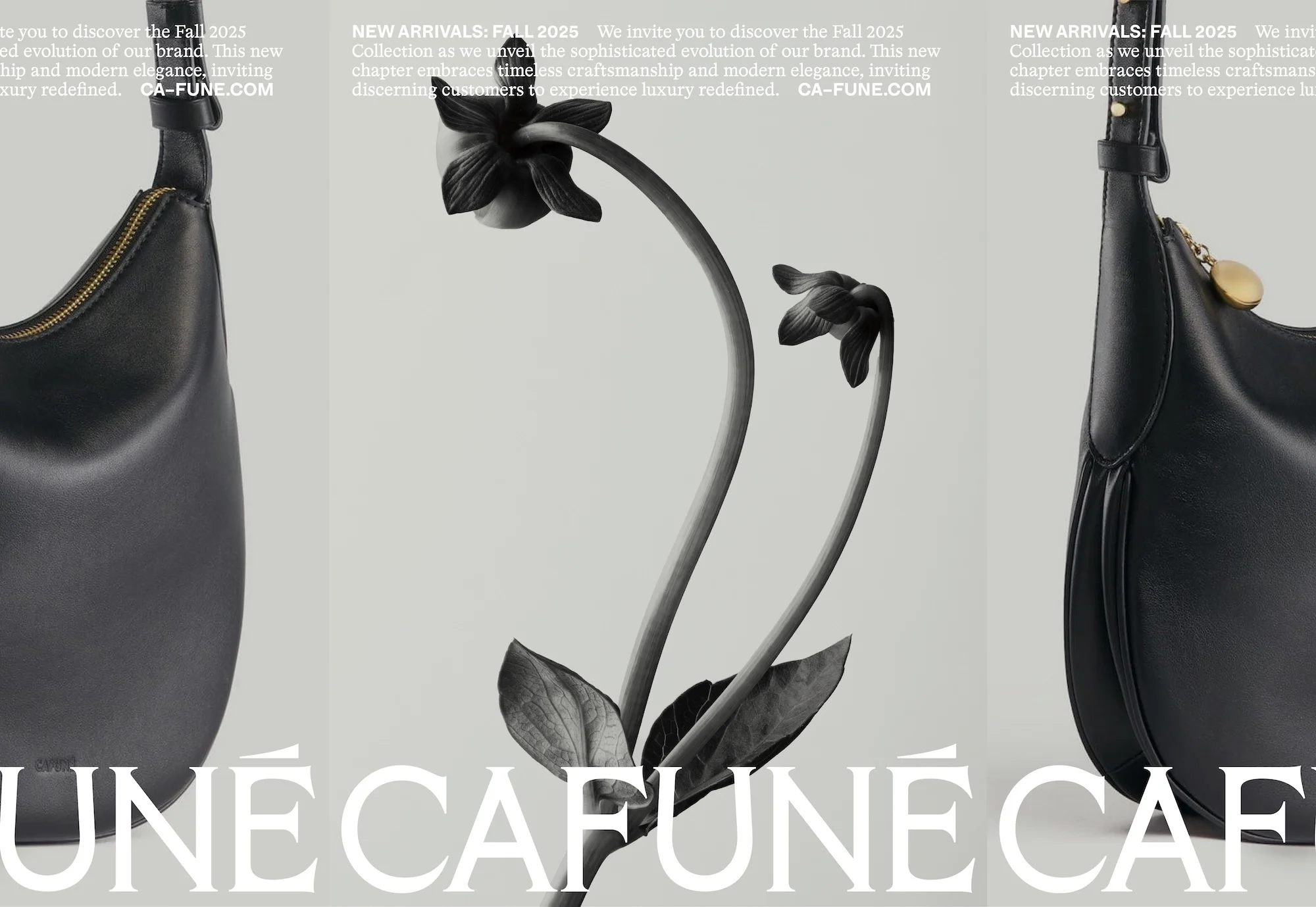 Monochromatic product shot featuring black leather handbags on a grey background, accompanied by dark floral sculptural elements.