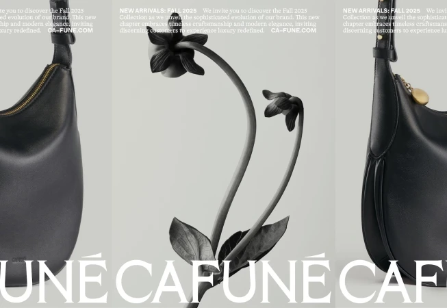 Monochromatic product shot featuring black leather handbags on a grey background, accompanied by dark floral sculptural elements.
